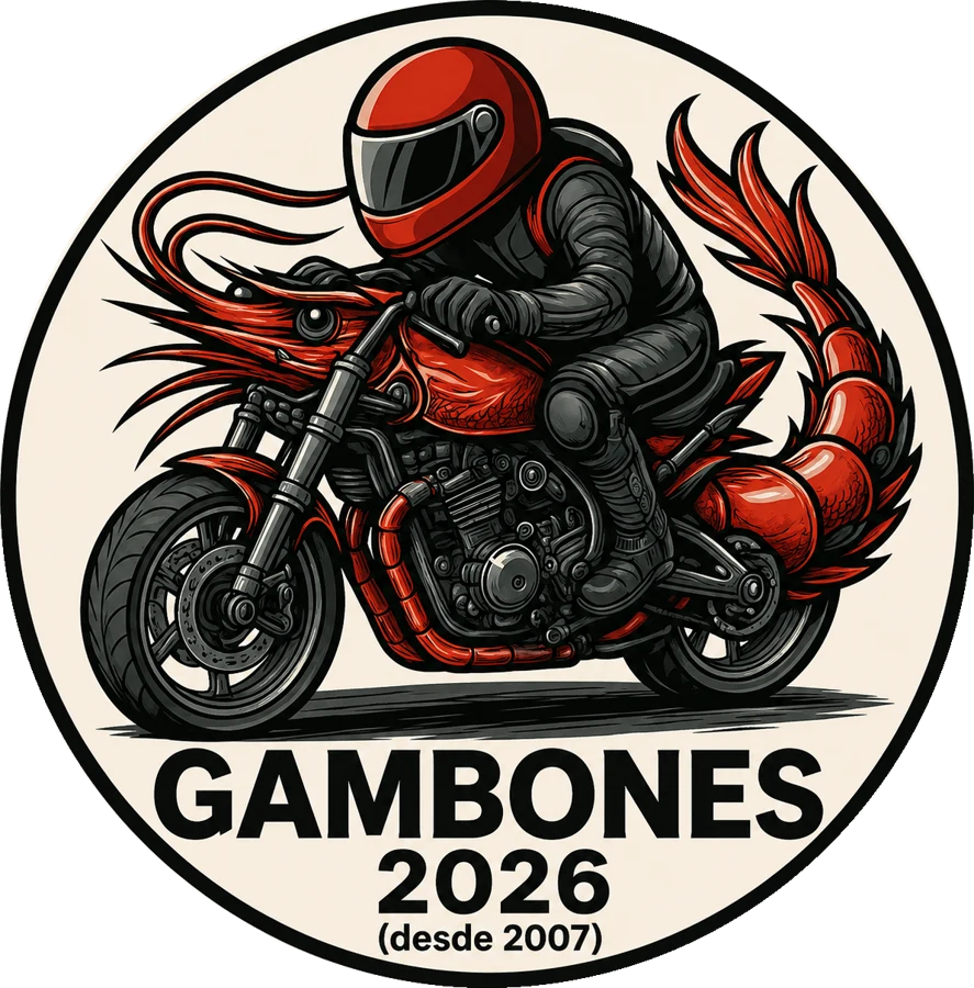 Logo de Gambones: un motero sobre una moto con forma de gambón